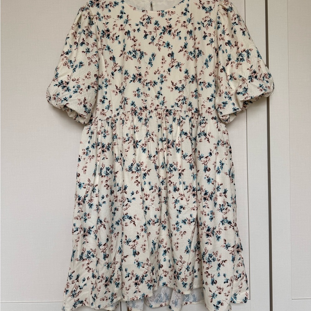 SHEIN Cream Floral Puff Sleeve Mini Dress with Blue & Brown Print